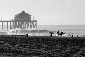 black and white photo of surfers on the beach near the sea
