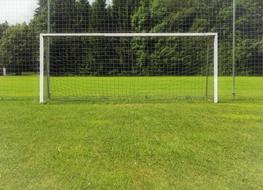 White football goal, on the green football field, near the green trees