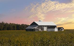 Barns on field under colorful sky, digital art