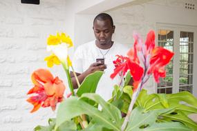 Man, using smartphone, near the beautiful and colorful flowers, with the green leaves