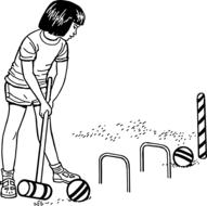 Black and white drawing of the girl, playing croquet, with the balls