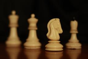 Beautiful, glossy, white chess pieces, with reflections, at black background