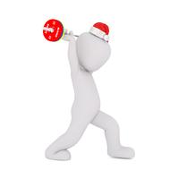 White figure in red and white Santa hat, doing exercise, with the weights, clipart