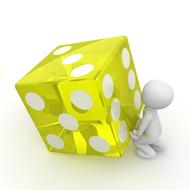 White figure, lifting yellow and white dice with dots, on the white surface, clipart