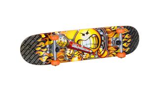 Colorful skateboard with the emoji in the flame, at white background