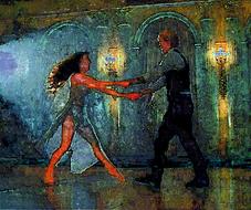 Colorful and beautiful painting of the dancing couple, near the wall, with the lights, clipart