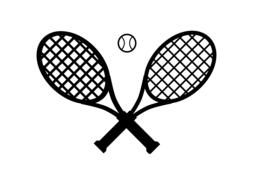 Black and white icons of the tennis rackets and ball, at white background, clipart