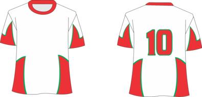 Model of the white, red and green football team t-shirt, with number "10" at white background, on clipart
