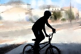 Black silhouette of a boy, riding a BMX bike, at colorful drawing of the houses