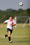 Soccer player, running after the ball, on the green grass field