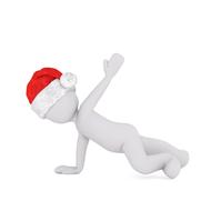 White figure in beautiful, red and white Santa hat, dancing, at white background, on clipart