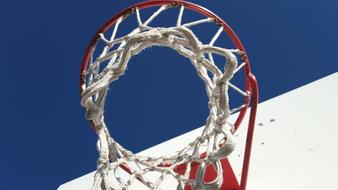 Close-up of a basketball hoop, at blue sky on background