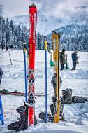 ski equipment on the alpine slope of the mountain