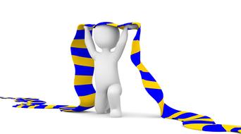 White, kneeled figure with the blue and yellow football scarf, at white background, on clipart