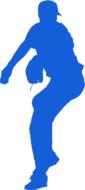 Blue silhouette of a baseball pitcher, with the ball, at white background, clipart