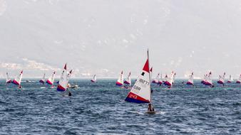 People, doing wind surfing, with the colorful sails, on the water with waves