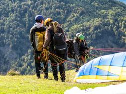 People, doing paragliding on the beautiful and colorful mountains with trees