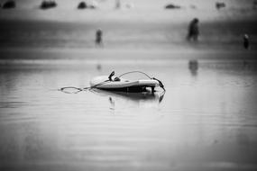 Surfboard on beach, black and white