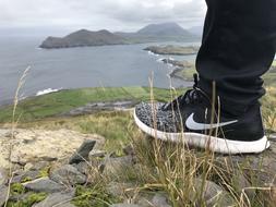 Shoes Hiking on the top of the mountain close up