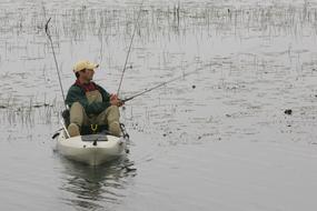 Fisherman on the boat, with the fishing rods, with ripple