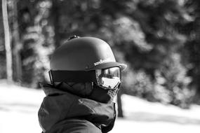 monochrome photo of Man Helmet