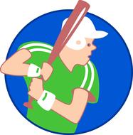 Colorful, round icon with the baseball man player, with the bat, clipart