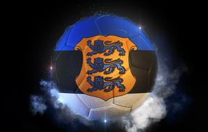 soccer ball in Estonian flag colors with coat of arms