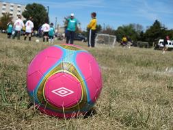 Colorful "Umbro" soccer ball, among the field and green grass, with the players, on the field, with the gates