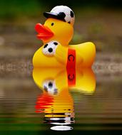 Cute and beautiful, yellow and red rubber duck in black and white football and football in the hand, on the water