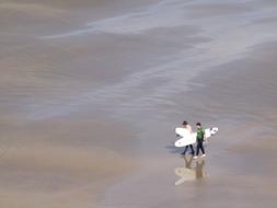 aerial view of two surfers on wet sand