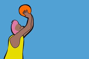 Colorful clipart with the person, playing basketball, at blue background