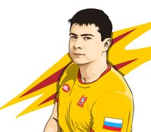 Colorful, cartoon portrait of the sportsman, with the flag of Russia, at background with the red and yellow pattern, clipart