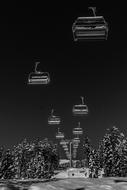 Beautiful, black and white landscape with the ski lift, above the snowy mountain with trees, in winter