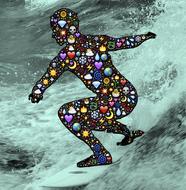 Silhouette of the surfer with colorful emojis, on the water with waves, clipart