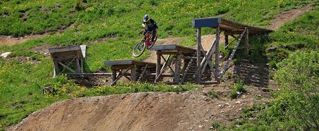 Biker riding on the slope with obstacles and plants