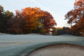 Beautiful landscape of the golf course, among the colorful trees, in the autumn