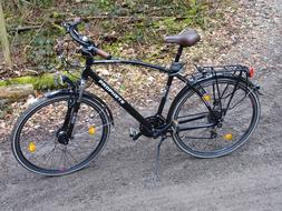 Bike standing on the road, near the green grass