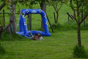 happy child boy plays Football on lawn, goalkeeper