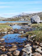 Beautiful landscape with the water, among the colorful plants and rocks, on the mountain in Norway