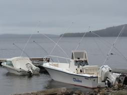 fishing boats by the lake on a cloudy gray day