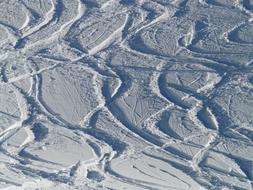 Close-up of the skiing traces on the beautiful snow, in sunlight, in the winter