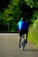 Person biking on the road, among the green plants, in sunlight