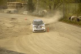 Colorful rally car, driving on the dusty road, among the colorful plants