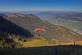 Paraglider paragliding above the colorful and beautiful mountains with trees, in sunlight