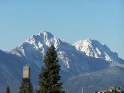 View of the beautiful, snowy mountains from Staufen, Germany, among the trees