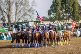 People and horses on the polo cross competition, near the flag of USA