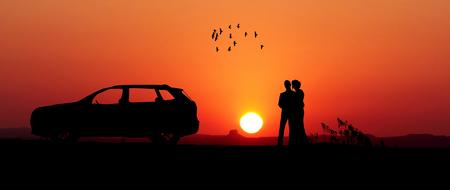 silhouette of couple standing beside of car at sunset