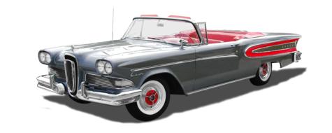 Beautiful, grey and red, shiny Ford Edsel 1958 at white background