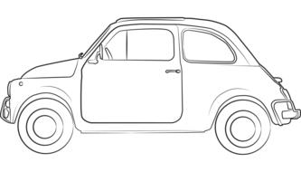 Black and white drawing, with the side view of the retro car, at white background, clipart