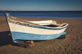 blue and white fishing boat on the beach